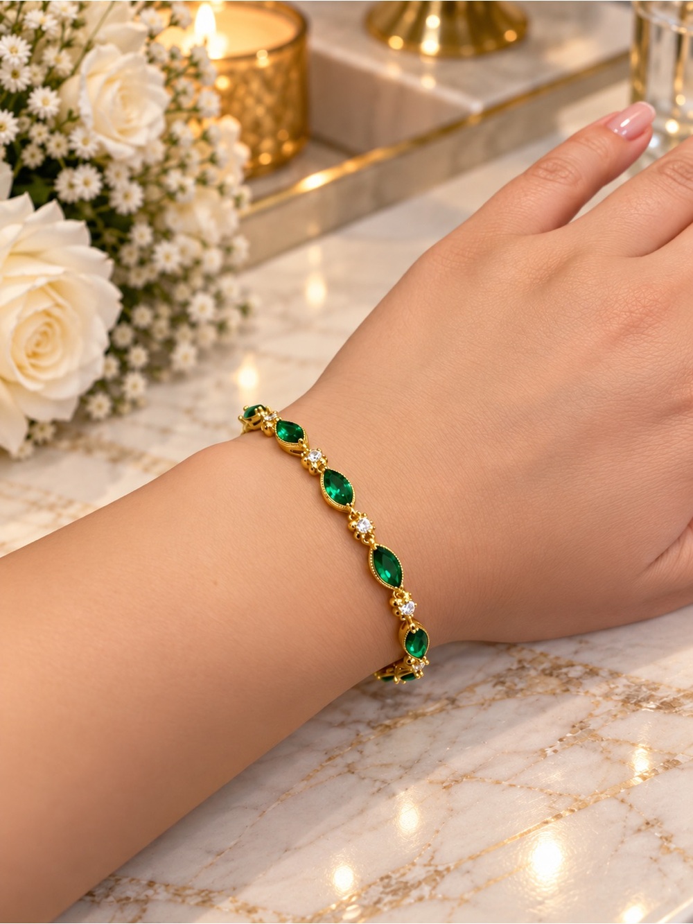 Emerald Green Crystals Gold Bracelet